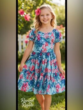 Tommy Bahama Girls Blue Tropical Print  Ruffled Spring Summer Dress Size 6 EUC